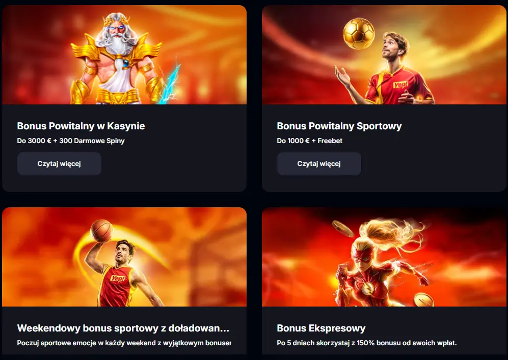 YEP Casino — bonus powitalny w kasynie do 3000 zł + 300 darmowych spinów oraz bonus sportowy do 1000 zł + Freebet